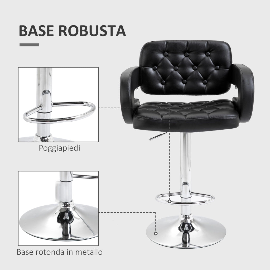 Sgabello da Bar Schiena Alto e Braccioli Rivestimento PU a Bottoni Nero