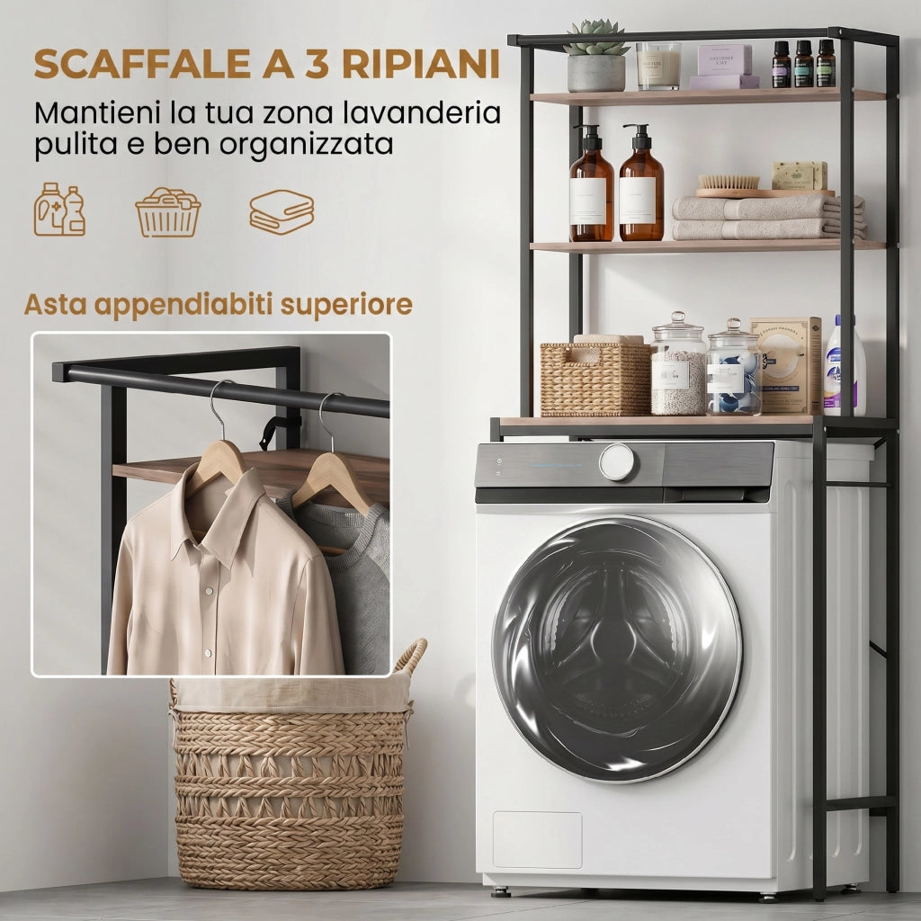 Mobile Sopra Lavatrice Coprilavatrice con 3 Ripiani e Asta, 67x40x161.8 cm, Marrone/Nero