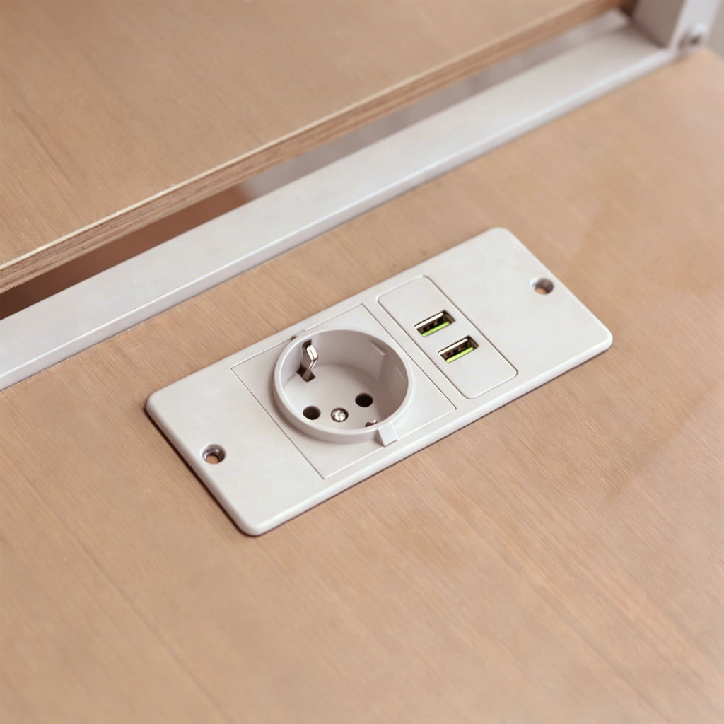 Letto a soppalco 140 × 200 cm con supporto TV, presa elettrica e scala portaoggetti, senza materasso, bianco