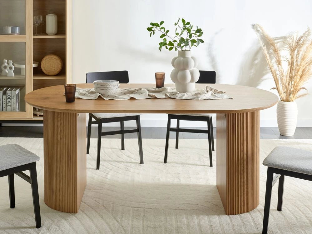 Tavolo da pranzo in legno chiaro con piano in MDF 180 x 90 cm Ovale a due gambe scanalato Mobili da sala da pranzo moderni