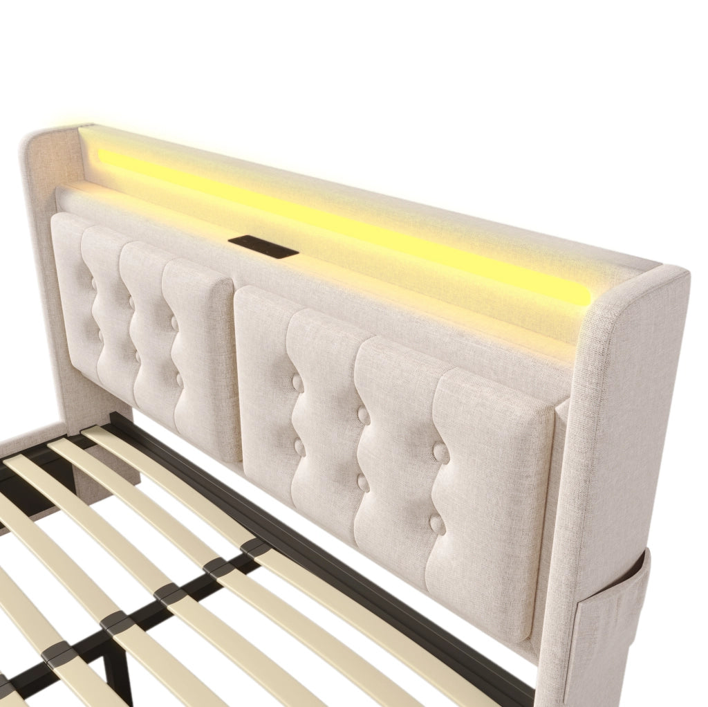 Letto matrimoniale 180x200 beige LED USB-C con 4 cassetti