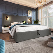 DESMIU Lit coffre 160 × 200 cm 2 posti con lampada da lettura, USB, Type-C, senza materasso, grigio, lino