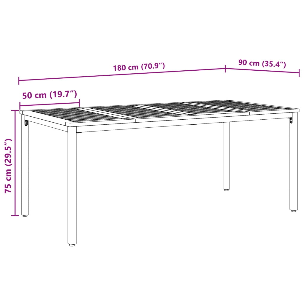 Tavolo da giardino  180x90x75 cm in legno massello di acacia e metallo