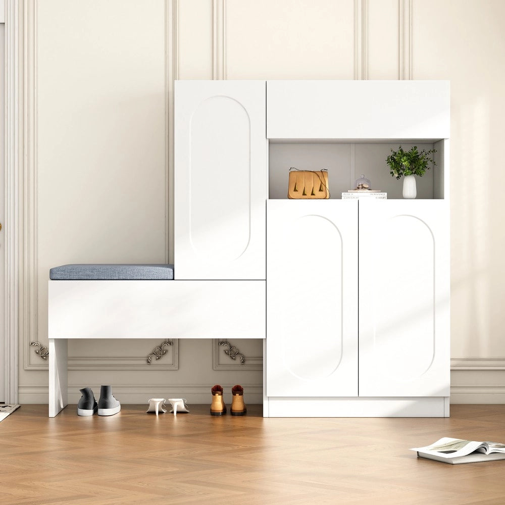 Scarpiera Panca 2 in 1 con Ante e Seduta Imbottita ¨C MINIMAL ¨C Bianco, 130x35x110 cm