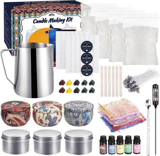 Kit per creazione candele - Incluso 1000g cera di soia - Creazione candele per adulti - Creazione candele per bambini - Aste - Essenze - Coloranti - Fornello - Scatole - Adatto per la creazione di candele per principianti - Lontanità candela