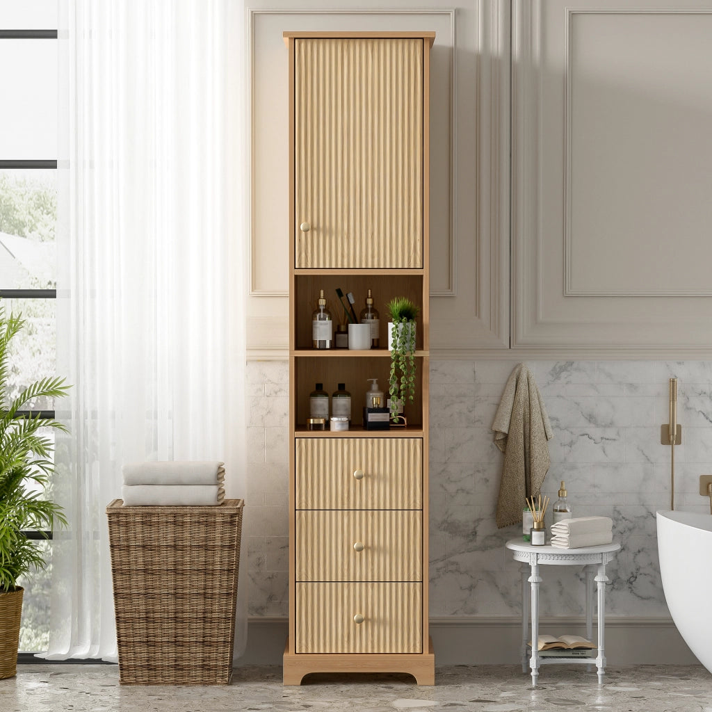 Mobiletto bagno alto 40x30x172 cm in MDF effetto legno naturale con 3 cassetti, vano a giorno e ripiano regolabile