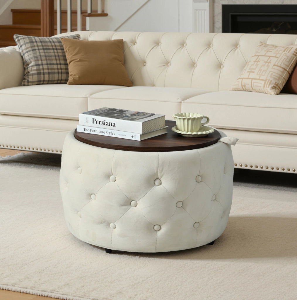 Set di 2 pouf contenitore rotondi in velluto beige 4 in 1