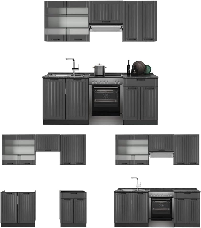 Cucina componibile Fame-Line, Grigio scuro, 200 cm senza piano di lavoro