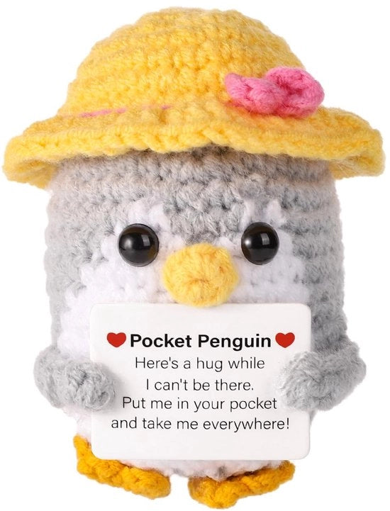 Zuccotto di peluche per cuscino 9cm - Pinguino in lana a maglia - Regalo creativo per festeggiare - Carta di incoraggiamento - Cappello estivo leggero e morbido - Animale da abbracciare morbido
