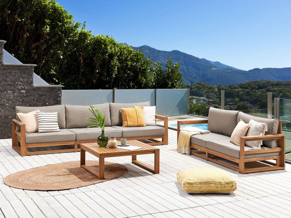 Set da giardino 5 posti in legno di acacia chiaro con tavolino moderno elegante