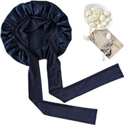 Schiacchiatura per capelli con bordo ampio e cintura elastica regolabile, cappuccio di notte grande in seta - blu scuro