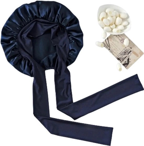 Schiacchiatura per capelli con bordo ampio e cintura elastica regolabile, cappuccio di notte grande in seta - blu scuro