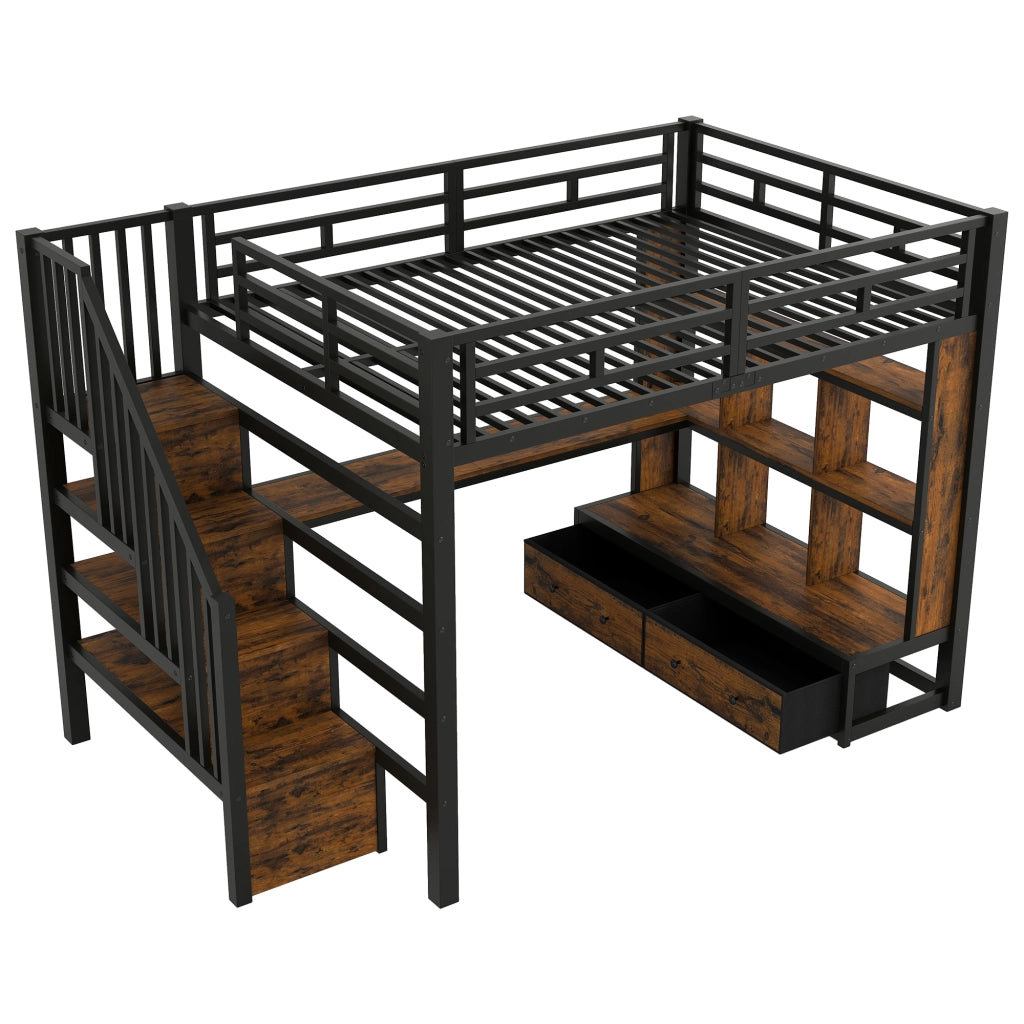 Letto a soppalco 140 × 200 cm con scrivania ripiani due cassetti scala contenitore LED in metallo e MDF nero