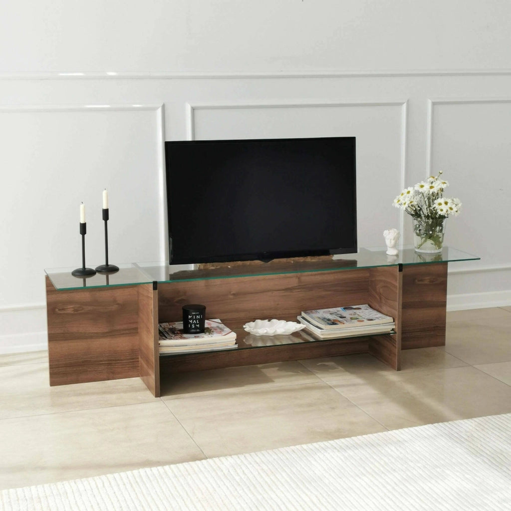 Mobile porta TV Bellano, Credenza da soggiorno, Armadio basso per TV, Base parete attrezzata, 158x35h40 cm, Noce