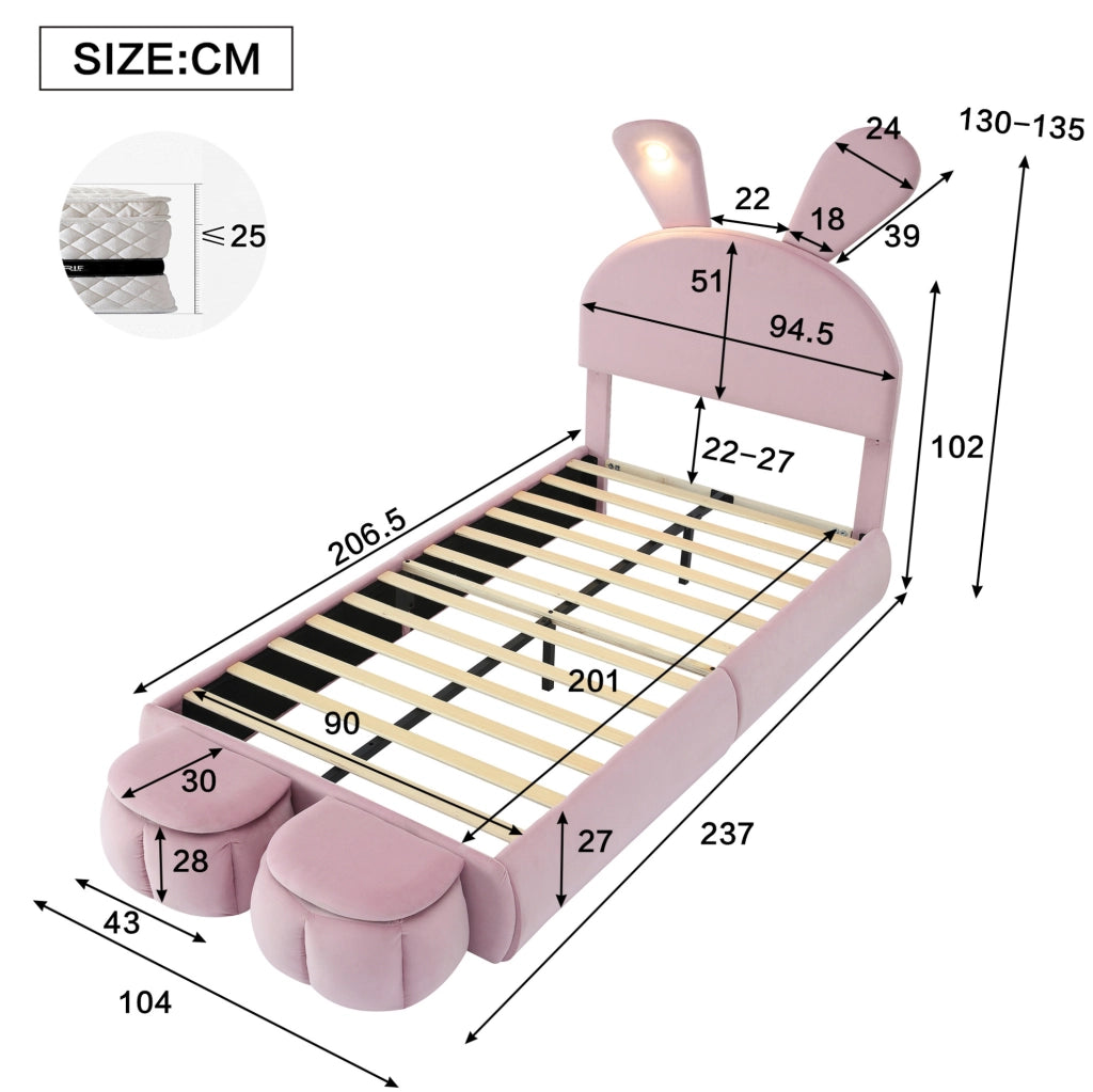 Letto imbottito singolo rosa 90x200 cm con orecchie da coniglio, LED e 2 pouf