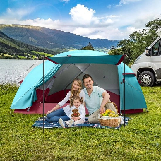 Tenda da campeggio per 2-3 persone, palo da tenda leggero in alluminio impermeabile, tenda a cupola a doppia pelle con veranda e palo di sostegno, adatta per viaggi, spiaggia, escursioni, esterno (blu)
