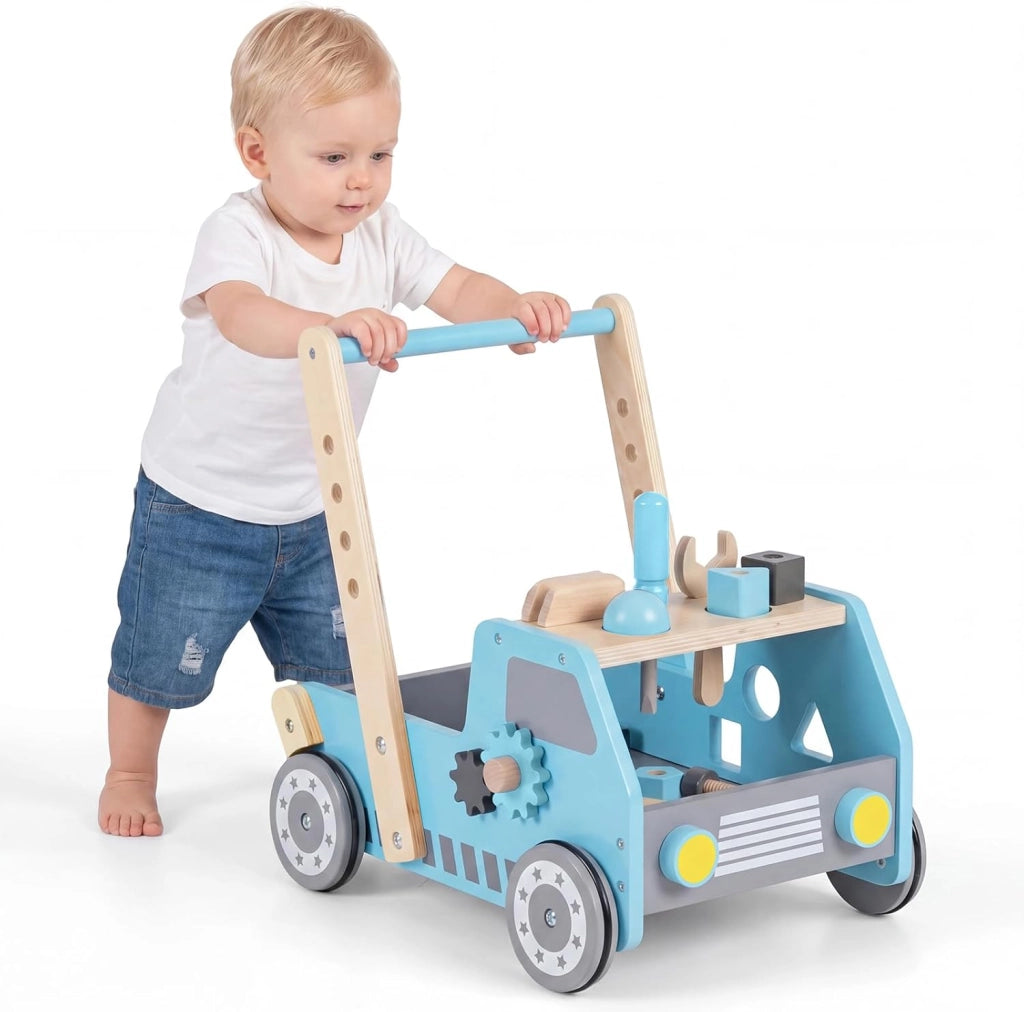 2-in-1 Primi Passi per Bambini con Altezza Regolabile, Girello in Legno con Banco da Lavoro, Carrello da Spinta con Giocattoli Montessori, Velocità Regolabile, Spazio di Archiviazione
