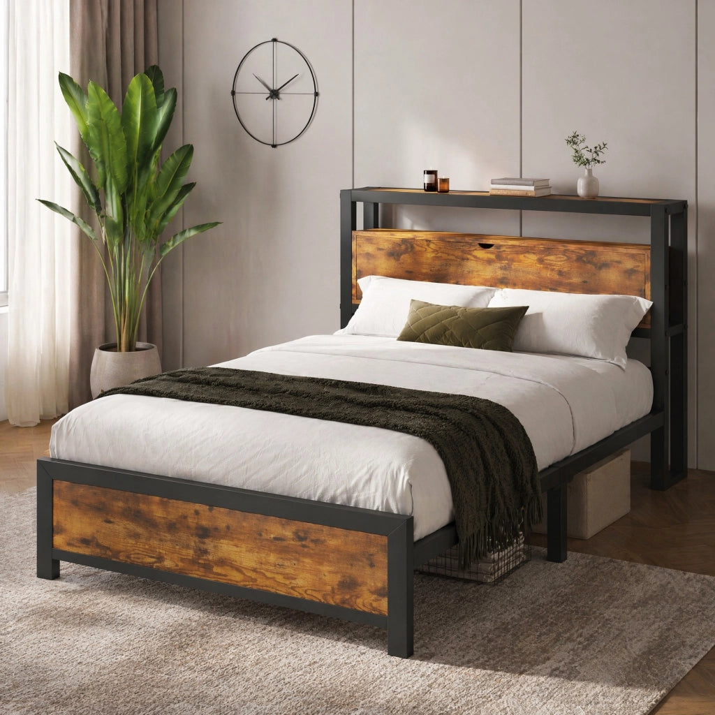 LETTO 90x200 cm in metallo e legno con testiera contenitore, naturale