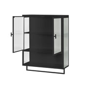 Pensile con 2 Ante in Vetro; 2 Ripiani; 1 Vano a Giorno e Portasciugamani; Stile Moderno; Metallo; 60×23×78 cm; Nero