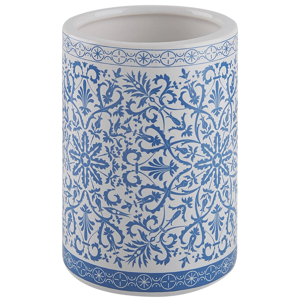 Set di 3 Accessori Bagno in Ceramica bianca e blu decorata dispenser sapone Portaspazzolino recipiente