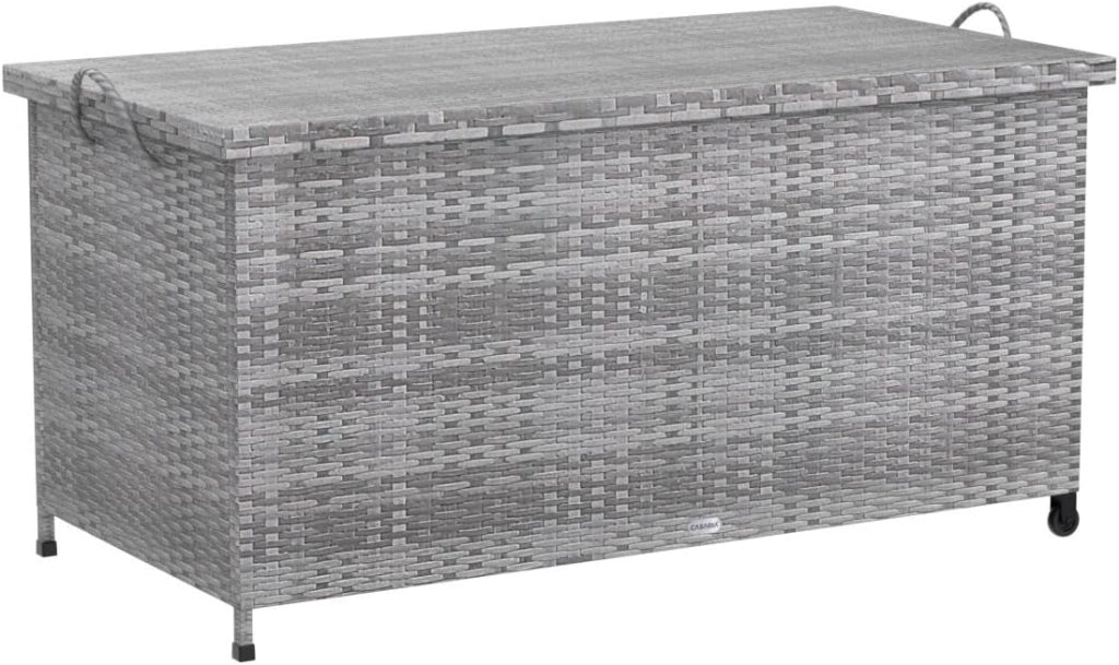 Baule da Giardino Salvaspazio 122x56x62cm Polyrattan Box Esterno con Rotelle Coperchio