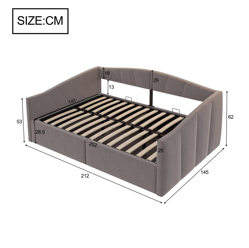 Divano letto 140x200 cm con contenitore; rete a doghe in velluto grigio