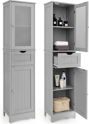 Cassa da bagno alta 170 cm, cassa da bagno con cassetto, cassa da bagno con mensola regolabile e porta di vetro meringa, cassa da bagno alta e stretta, in legno, moderna (grigia)