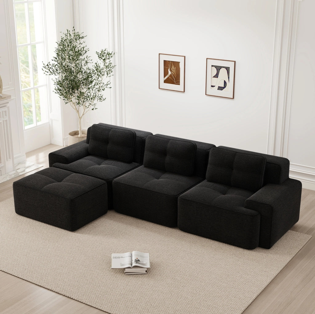 Divano modulare 3 posti con ottoman in corduroy nero; design senza struttura e seduta profonda