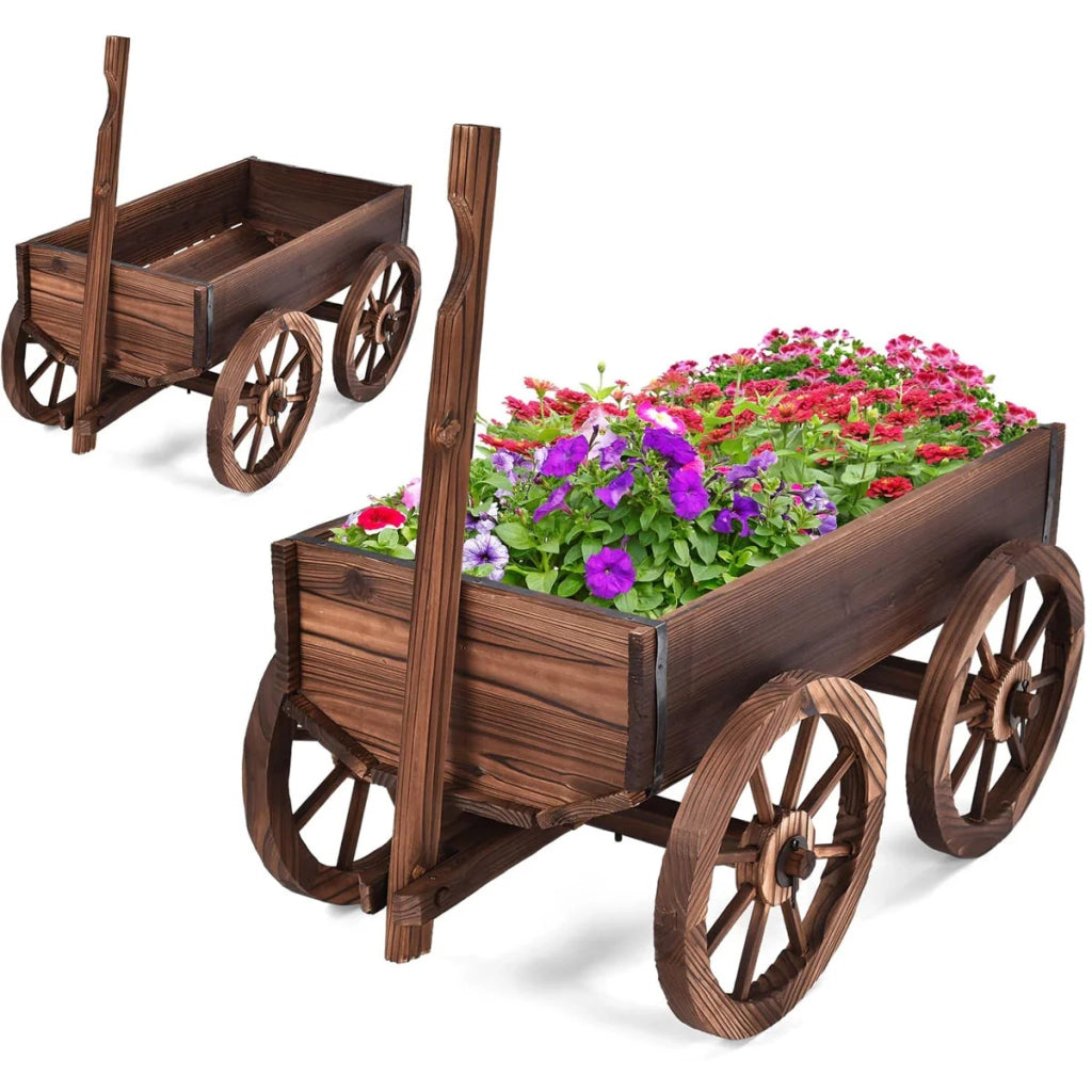 Carriola portafiori in legno di abete robusta e decorativa 120 x 43 x 53,5 cm con ruote per uso in giardino marrone 20_0019976