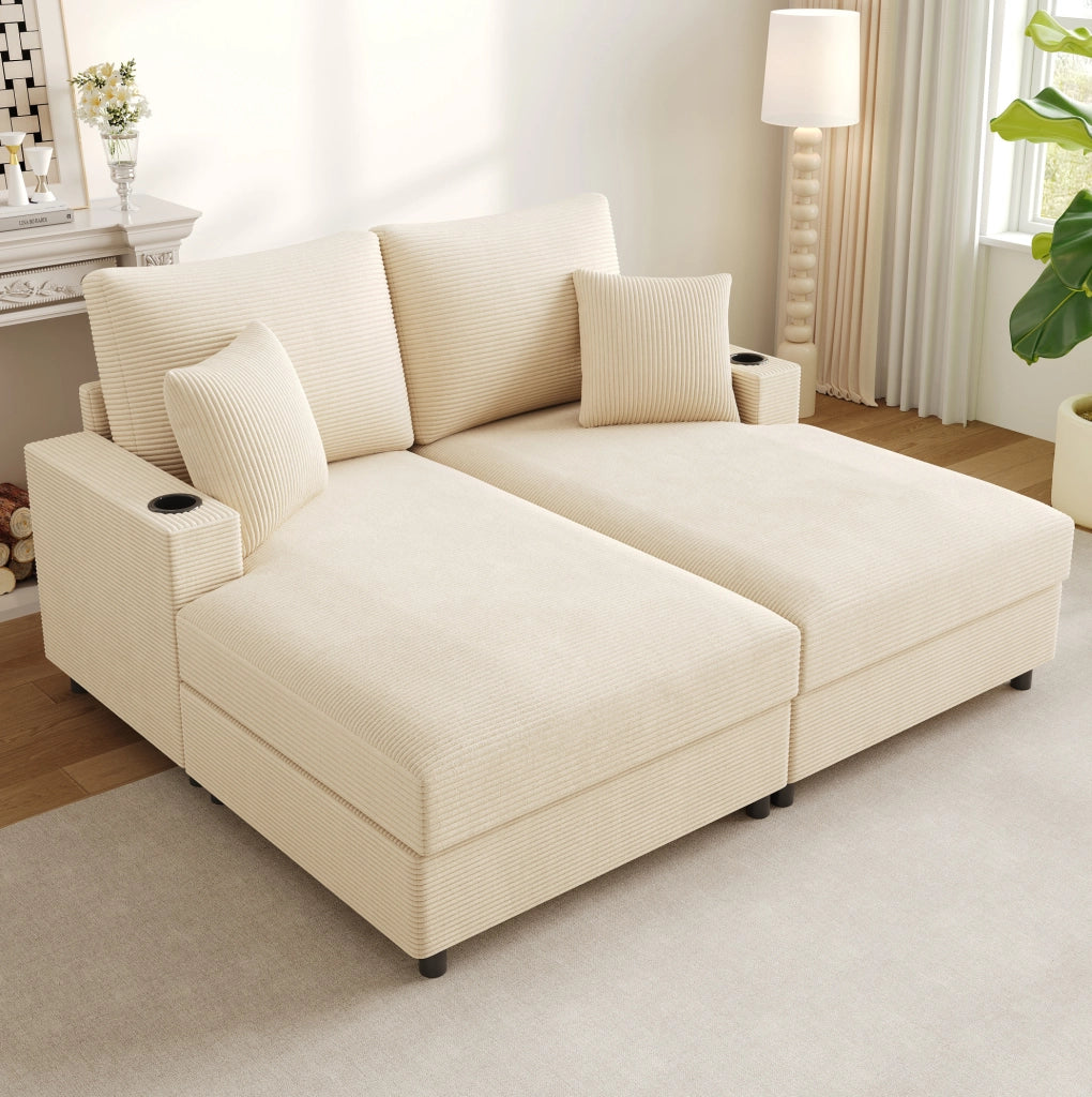 Divano 2 posti beige in velluto a coste con USB, USB-C e portabevande