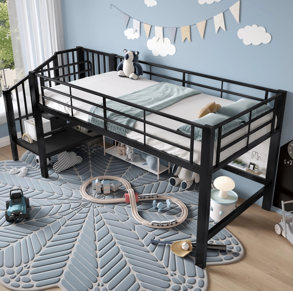 Letto a soppalco semi alto 90x200 cm con scala contenitore nero