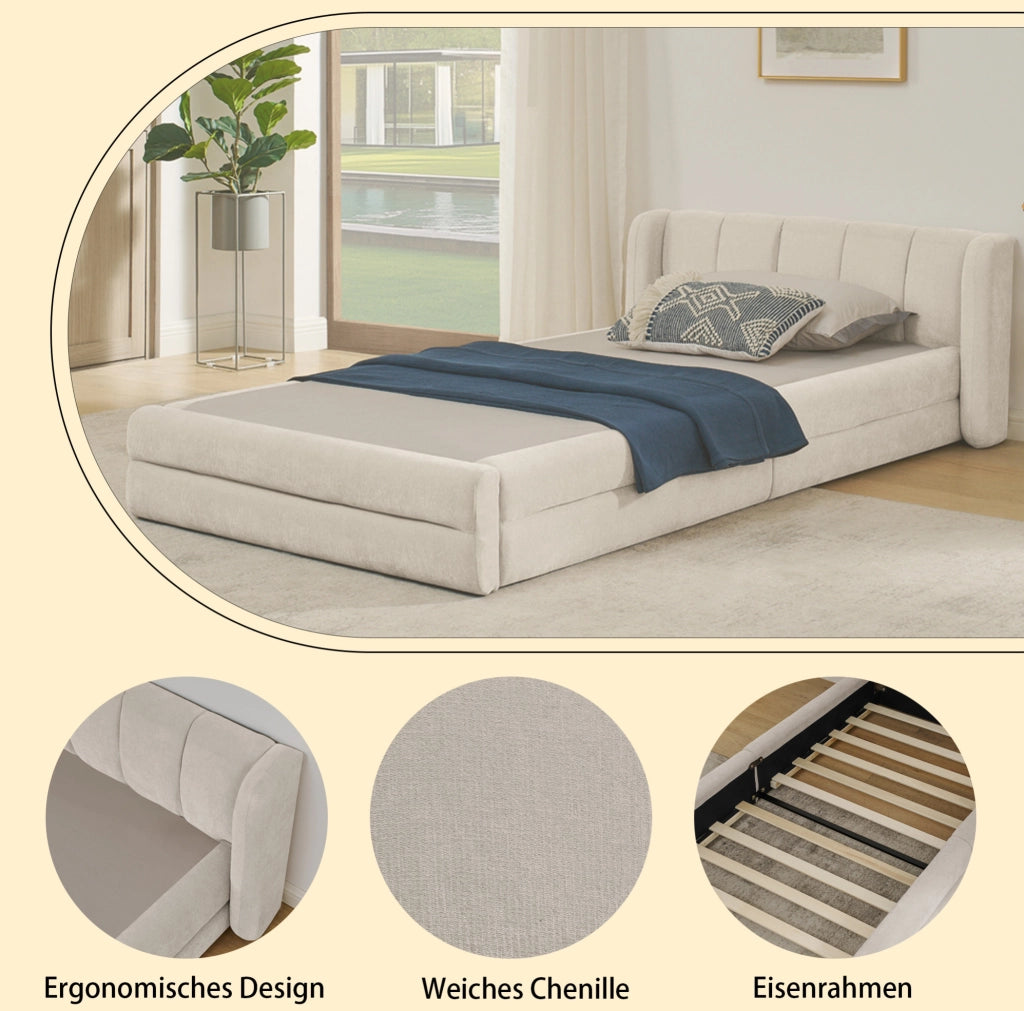 Letto singolo 90x200 cm imbottito in ciniglia beige