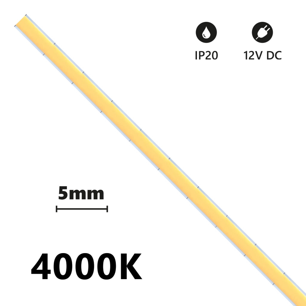 Alcapower Striscia LED COB SLIM IP20 5 metri 12V 6W/m 4000K 504 LED/m Alta Efficienza Luminosa 650lm/m Luce Naturale per Illuminazione Lineare