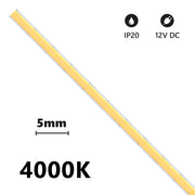 Alcapower Striscia LED COB SLIM IP20 5 metri 12V 6W/m 4000K 504 LED/m Alta Efficienza Luminosa 650lm/m Luce Naturale per Illuminazione Lineare