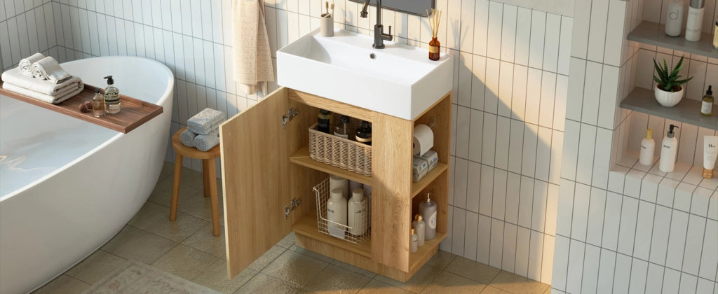 Mobile sottolavabo con lavabo in ceramica, 1 anta, ripiani aperti e porta carta igienica, per bagno, 55 × 32 × 87 cm