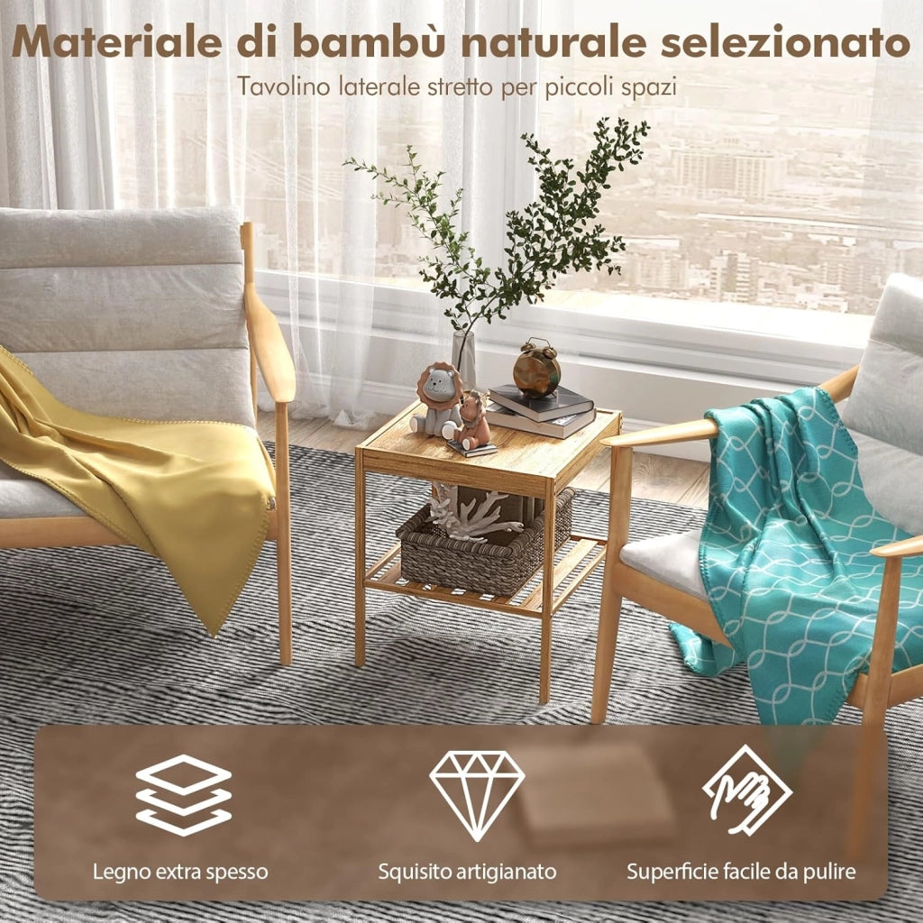 Set 2 Comodini a 2 Livelli 40x40x45cm in Bambù, Tavolino Moderno Camera da Letto, Mobile da Divano e Letto per Soggiorno e Ufficio, Naturale