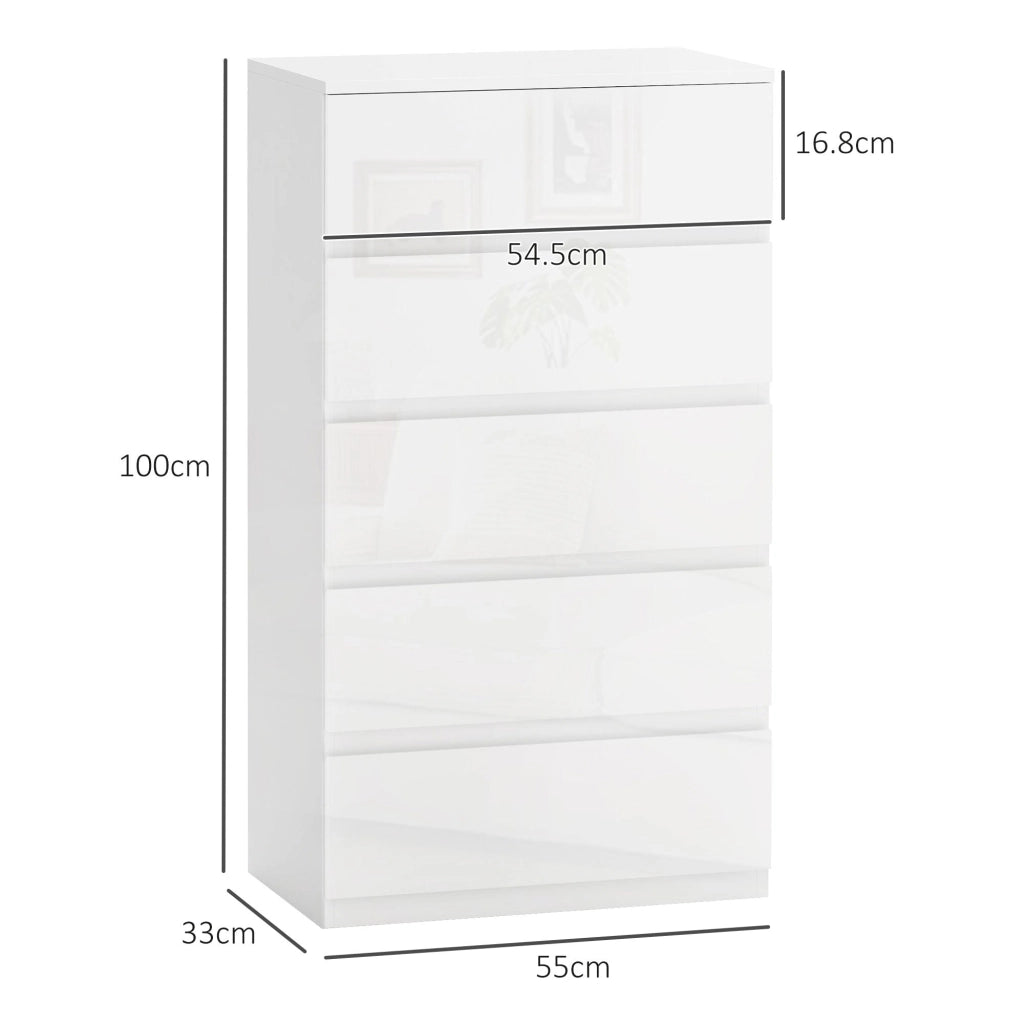 Cassettiera 5 Cassetti Antiribaltamento 55x33x100 cm Bianco Lucido