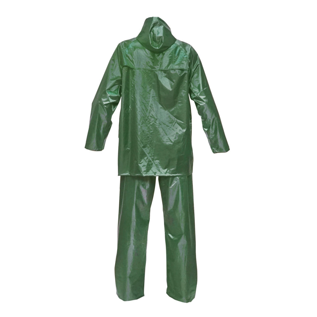 Completo impermeabile taglia L con cappuccio e pantaloni in poliestere e PVC, verde Breckner Germany