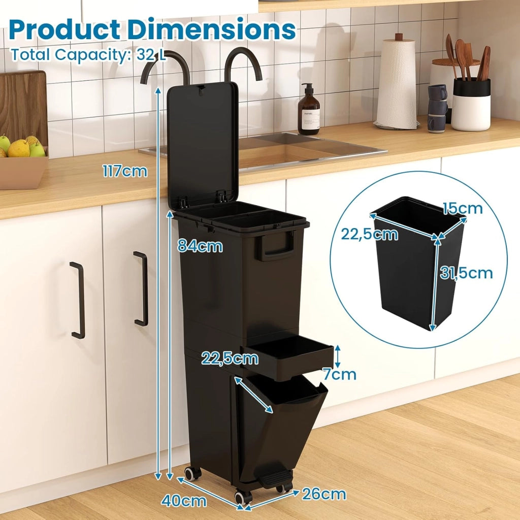Pattumiera Tri Selectif da 32L per Cucina, 3-in-1 con 2 Contenitori Estraibili, Cassetti, Pedale e Ruote, Include Adesivi per Raccolta Rifiuti (Rosa)