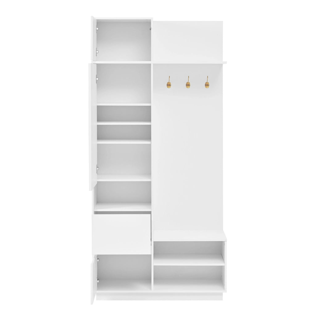 Mobile ingresso 5 in 1 con specchio; panca e scarpiera 90x34;5x190 cm; bianco in MDF