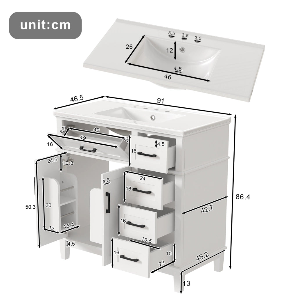 Mobile bagno freestanding bianco con lavabo in ceramica e 4 cassetti
