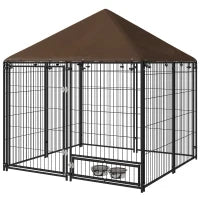 Recinto per Cani in Metallo e Tessuto Oxford con Porticina per Ciotole, 141x141x151 cm, Nero e Marrone