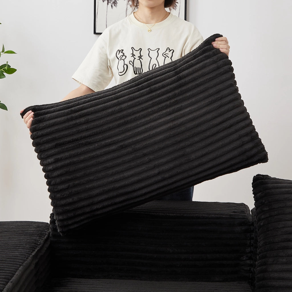 Divano letto modulare con chaise longue e braccioli quadrati, in velluto a coste Nero