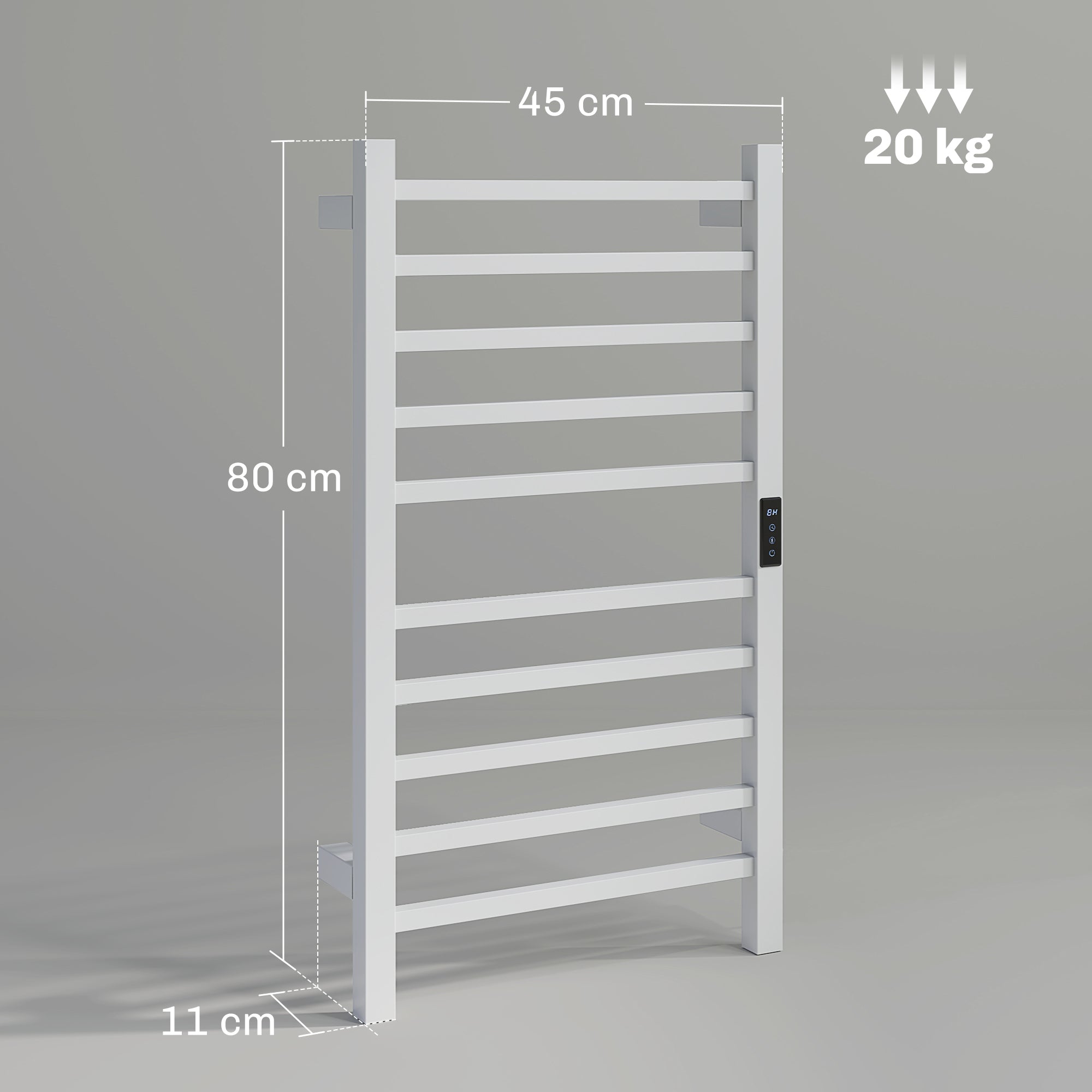 Scaldasalviette Elettrico Smart 45x11x80 cm a 10 Barre con Timer e Display LCD in Acciaio Inox Bianco