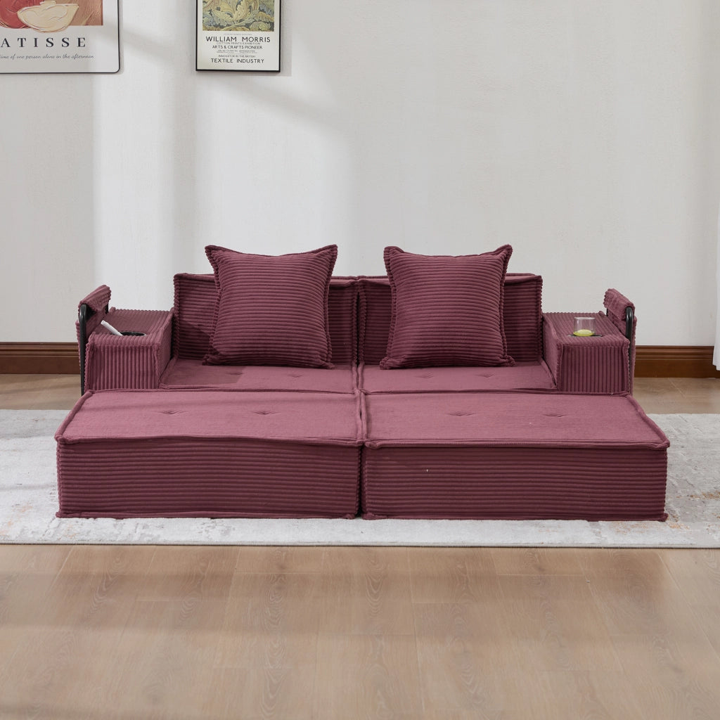 Pouf modulare con tasche laterali cuscini e seduta ergonomica in velluto a coste rosso vino 162 × 78 × 66 cm