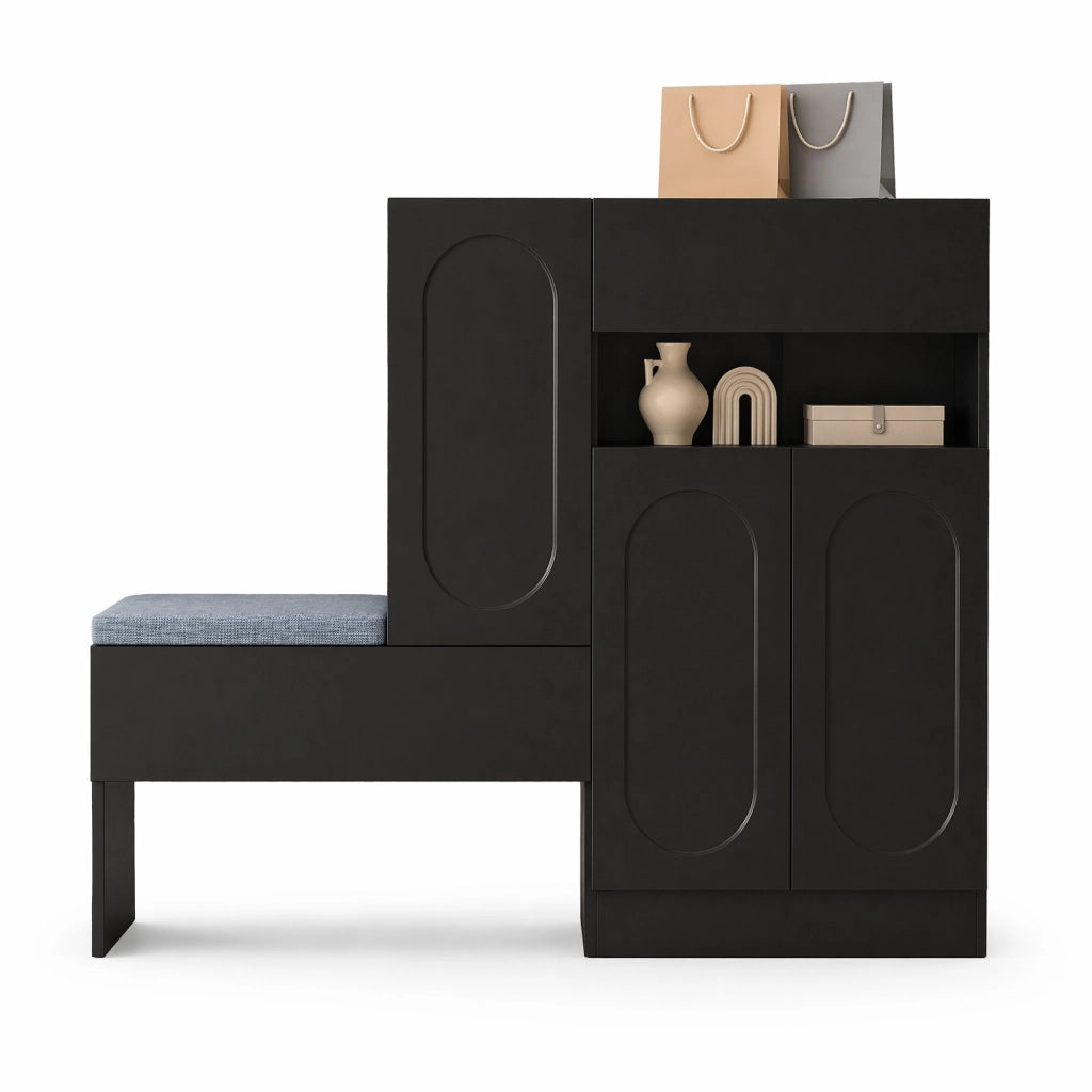Mobile scarpiera 2 in 1 con panca imbottita e ante soft-close, nero, 130x35x110 cm