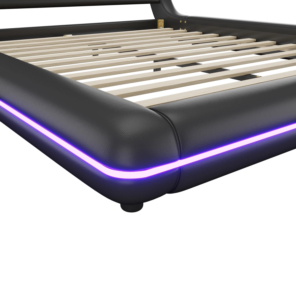 Letto a pavimento 160×200 cm in PU nero con LED RGB controllabili via app