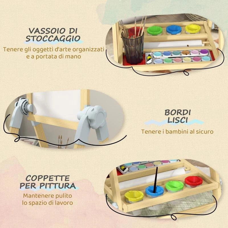 CAVALLETTO PER BAMBINI DOPPIA LAVAGNA PER GESSO E PENNARELLI, LAVAGNETTA MAGNETICA E ROTOLO DI CARTA, LEGNO