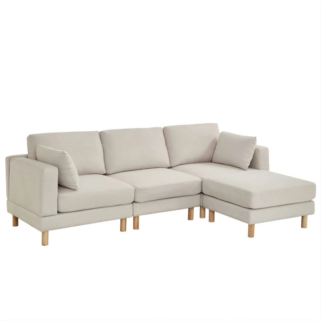 Divano angolare reversibile 3 posti con pouf, seduta modulare e cuscini, in poliestere beige
