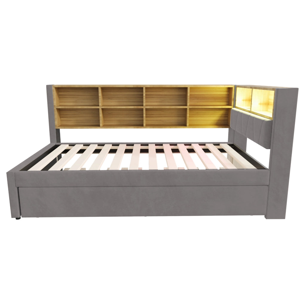 Divano letto 90x200 cm con letto estraibile e luci LED; flanella; grigio scuro